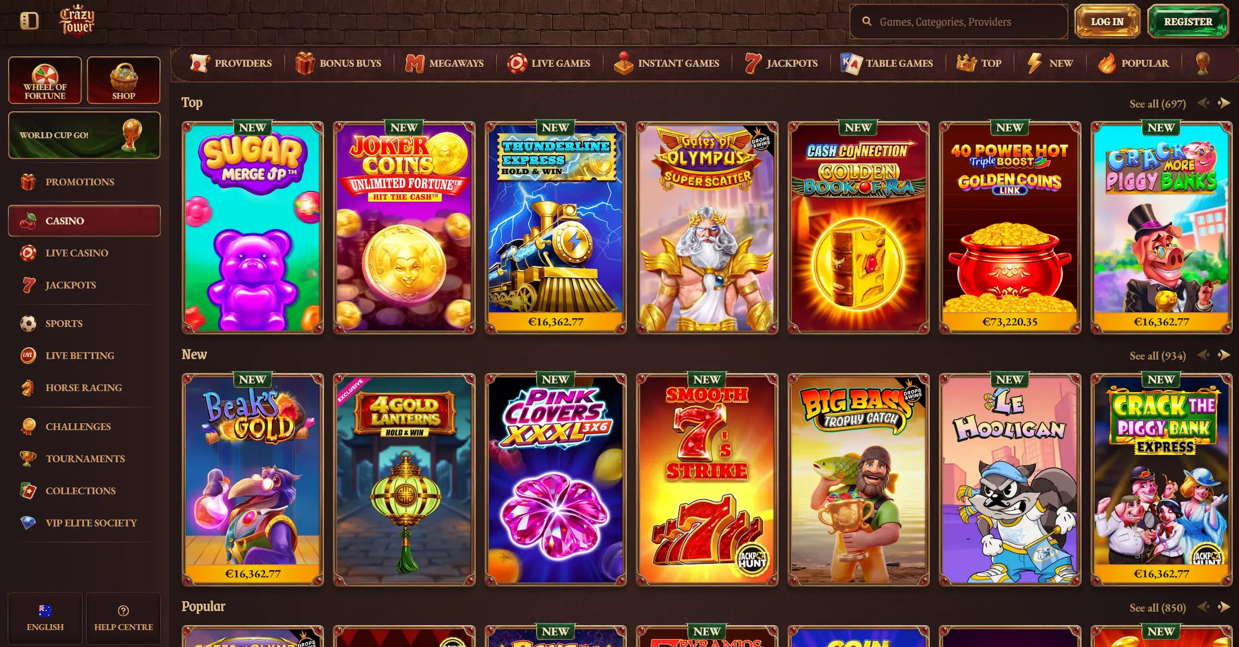 Crazy Tower casino frontpage showing selection of top online pokies and site navigation menu